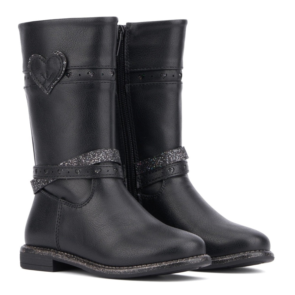 Olivia Miller Girl Mid-calf Black Boots Heart Detail Glitter Straps Sz 13 NEW